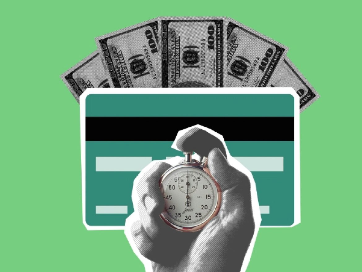 Collage of a hand holding a stopwatch in front of a credit card and cash