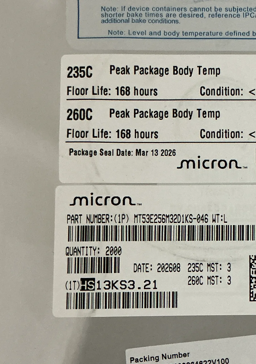 Authentic Micron MT53E256M32D1KS-046 — factory labels, date codes and traceability on sealed moisture-barrier packaging