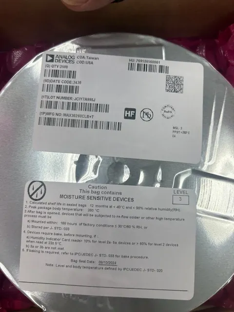 Authentic Analog Devices MAX30208 reel on its moisture-barrier bag — real inventory we bought & sold