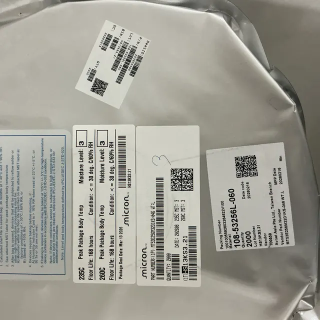 Authentic Micron MT53E256M32D1KS-046 label on its silver moisture-barrier bag — real inventory we bought & sold