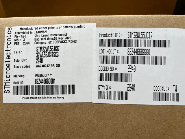 Authentic STMicroelectronics STM32WL55JCI7 factory carton labels — real inventory we bought & sold