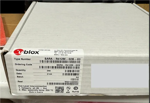 Authentic u-blox SARA-R412M-02B-03 label on its factory cardboard box — real inventory we bought & sold