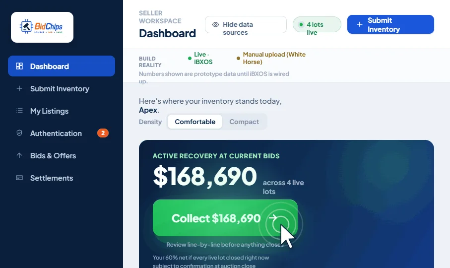 BidChips seller dashboard showing active recovery and a Collect call-to-action