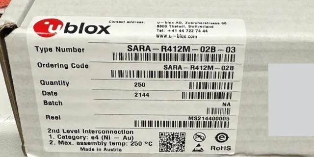 Authentic u-blox label on factory cardboard box — real inventory we sold
